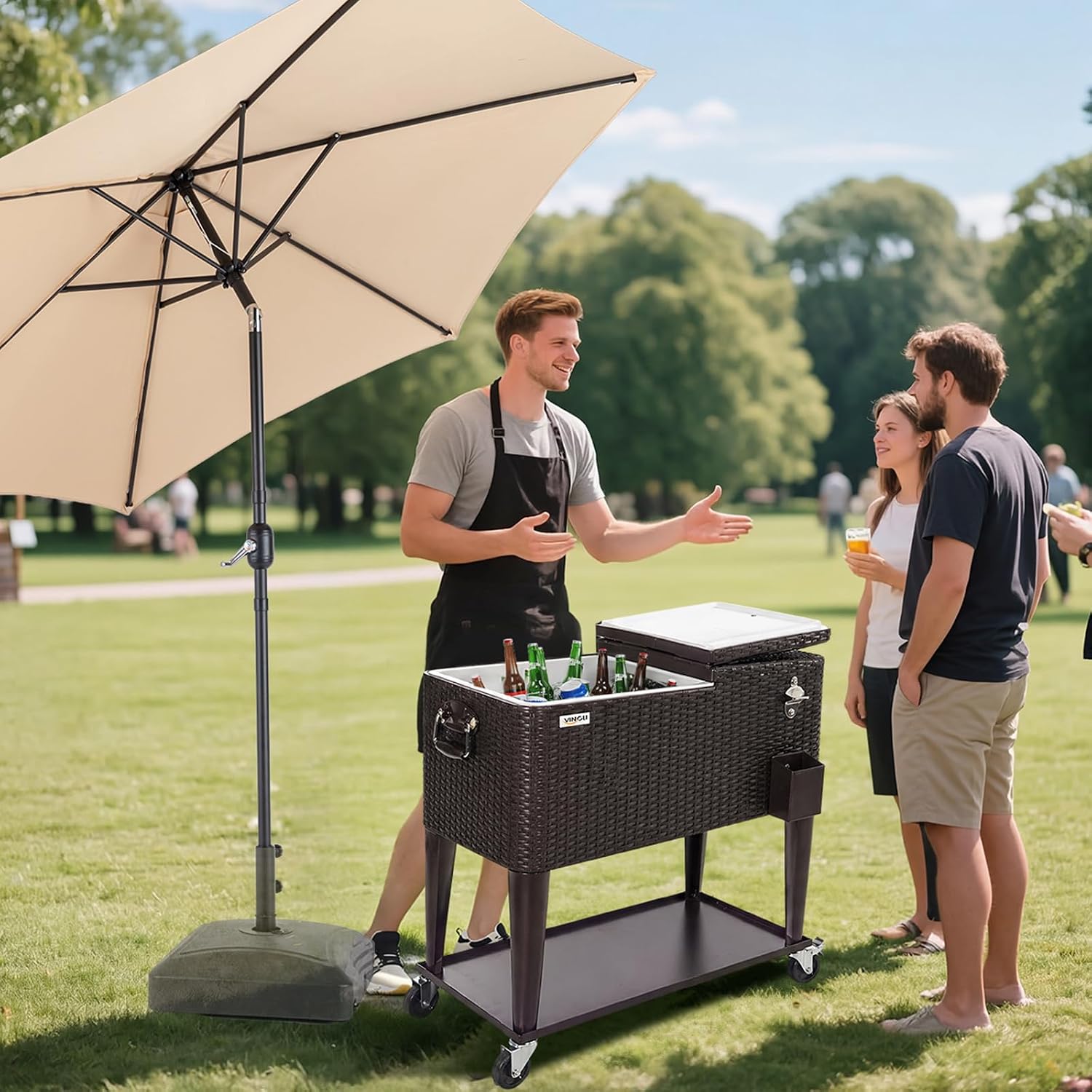 VINGLI 80 Quart Rolling Ice Chest on Wheels, Portable Patio Party Bar Drink Cooler Cart, Wicker PP Rattan with Shelf, Beverage Pool with Bottle Opener