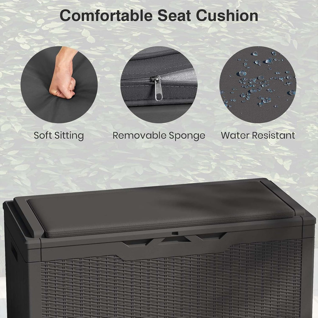 Patiolife 100 Gallon Resin Deck Box with Cushion, Large Outdoor Storage Box for Garden Tools, Pool Supplies, Waterproof and Lockable, Black