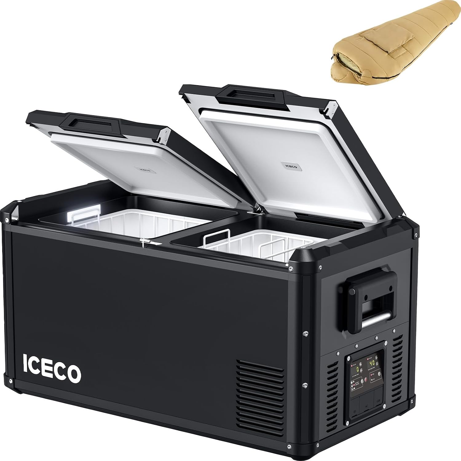 ICECO VL75 ProD Dual Zone Portable Refrigerator Multi-directional Lid, 79Qt 12 Volt Fridge with SECOP Compressor, Dual USB & DC 12/24V, AC 110-240V, 0℉-50℉, for Car, RV, Ouctdoor|With Sleeping Bag