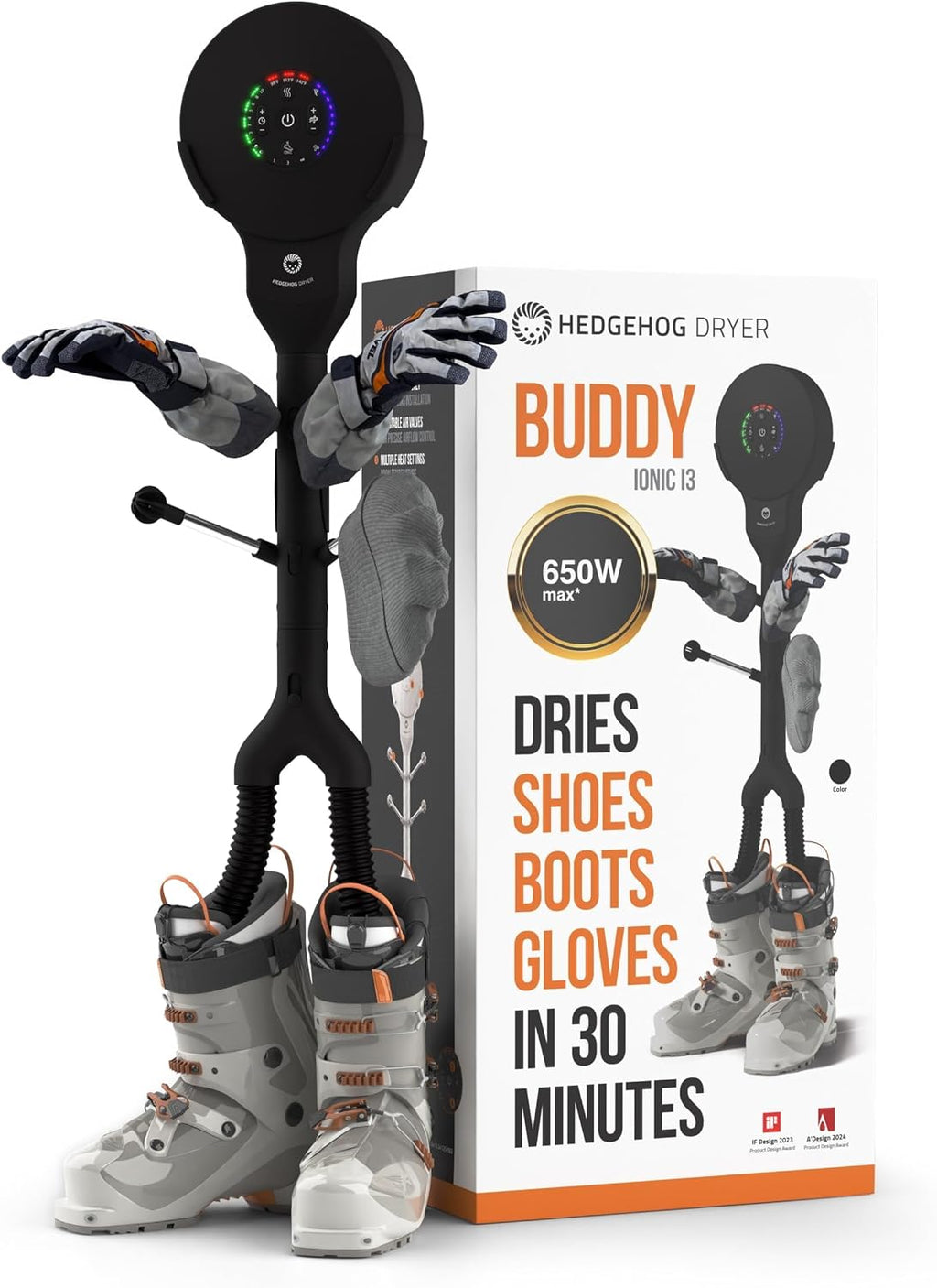 Hedgehog Buddy Heavy Boot Dryer for Work Boots and Shoe Deodorizer – Rapid 3 Pair Gloves, Boxing Shoes and Shoe Dryer, Wall-Mounted Warmer Adjustable Heat Portable Dryer, Black