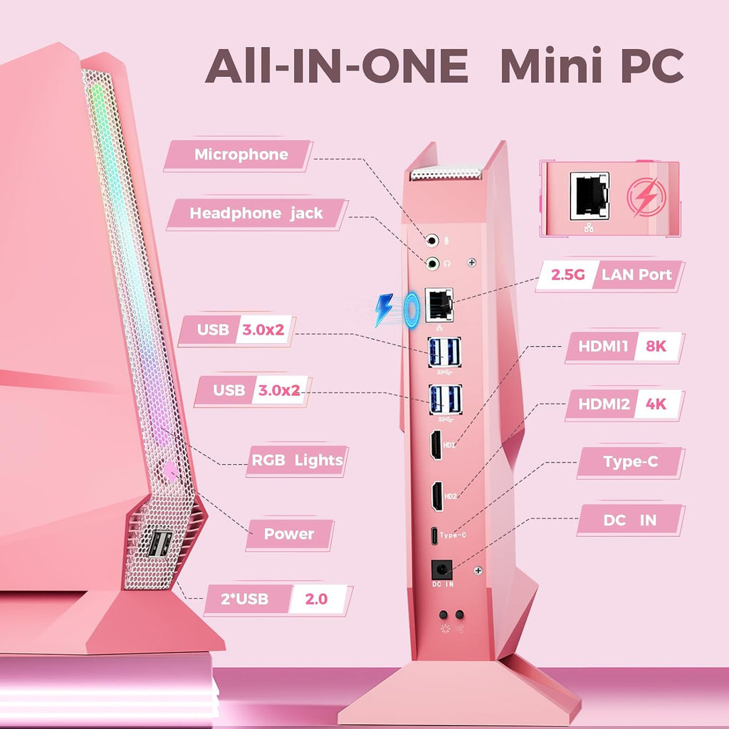 Mini Gaming PC, Intel Core i9-12900HK, RTX 3050Ti 8G Mini Gaming Computer with RGB Lights, 32GB RAM 1TB PCIe4.0 SSD, Triple Display/2.5G LAN/WiFi 6E BT 5.3, Win 11 Pro Desktop PC, Pink