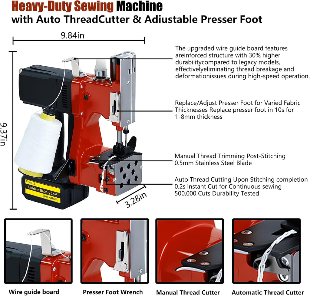 Bag Sewing Machine-Portable Battery Handheld Cordless Bag Sewing Machine,Automatic Bag Stitcher With Thread for Burlap Sack, Canvas,Feed Sacks,Rice Bags,Jute Bags,Seed Bags(Machine+1 battery)-Red