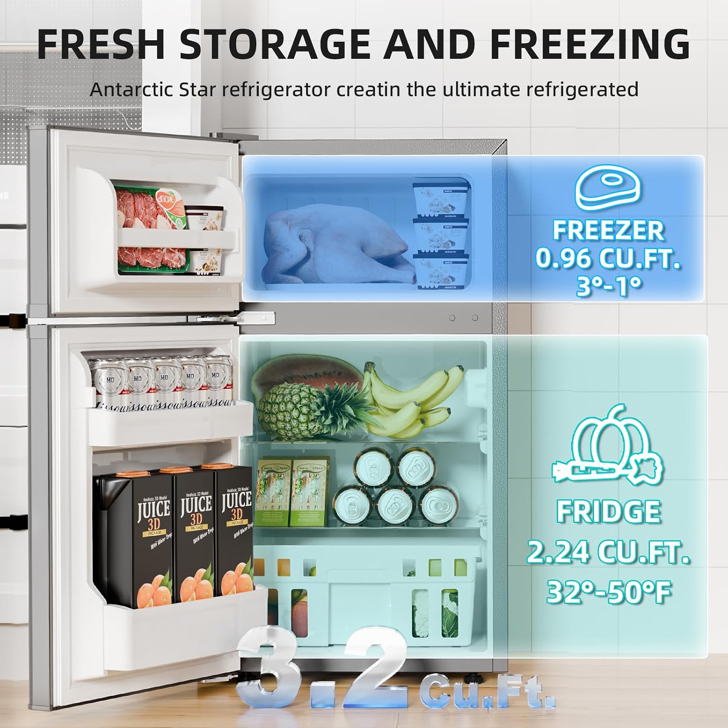 Antarctic Star Compact Refrigerator with Freezer,2 Door Mini Fridge,Adjustable Shelf,Adjustable Thermostat,for Bedroom,Office,Dorm,Kitchen,3.2 Cu.Ft.GREY