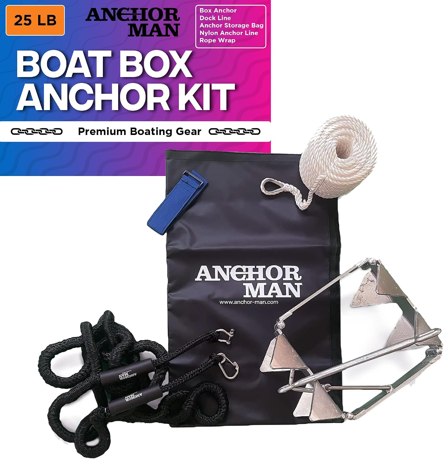 Anchor-Man Box Anchor Kit - Ultimate Boat Anchor Kit, Hot Dipped Galvanized 9 Gauge Steel Boat Anchors for 25'/ 25'+ Boats - Pontoon Boat Anchor Kit Box Size, Large Pontoon Anchor Boat Kit