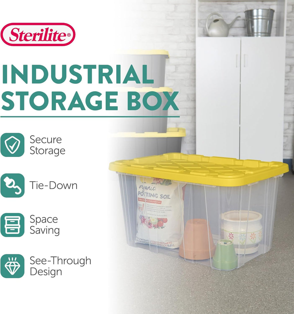 Sterilite 4 Tier Tote Rack, Vertical Plastic Organizer with 4 Pack 27 Gallon Industrial Storage Totes, Clear - for Garages, Workshops, or Basements