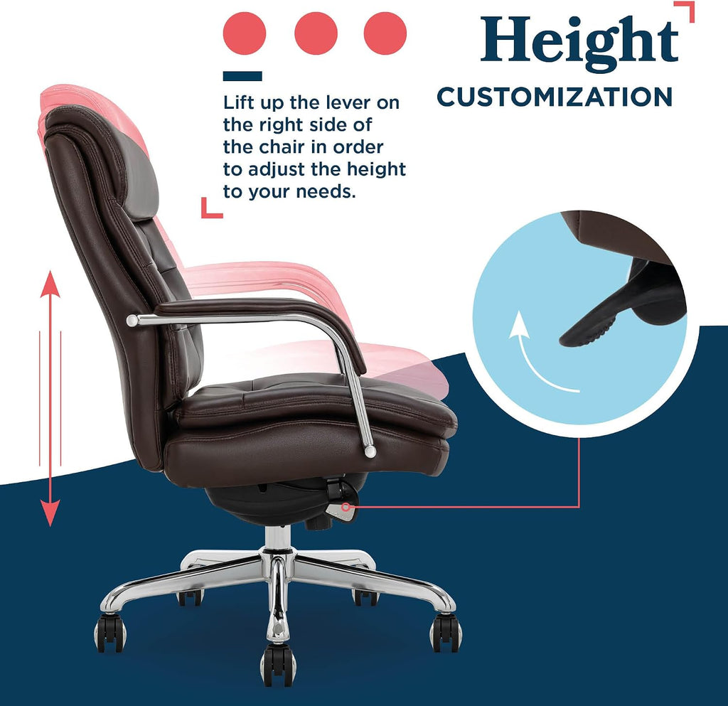 La-Z-Boy Sonata Executive Mid-Back Office Chair, Button-Tufted Seat and Back, Double-Layer Cushion, Padded Armrests, Ergonomic Computer DeskChair, Swivel Metal Base, Bonded Leather, Dark Brown/Chrome