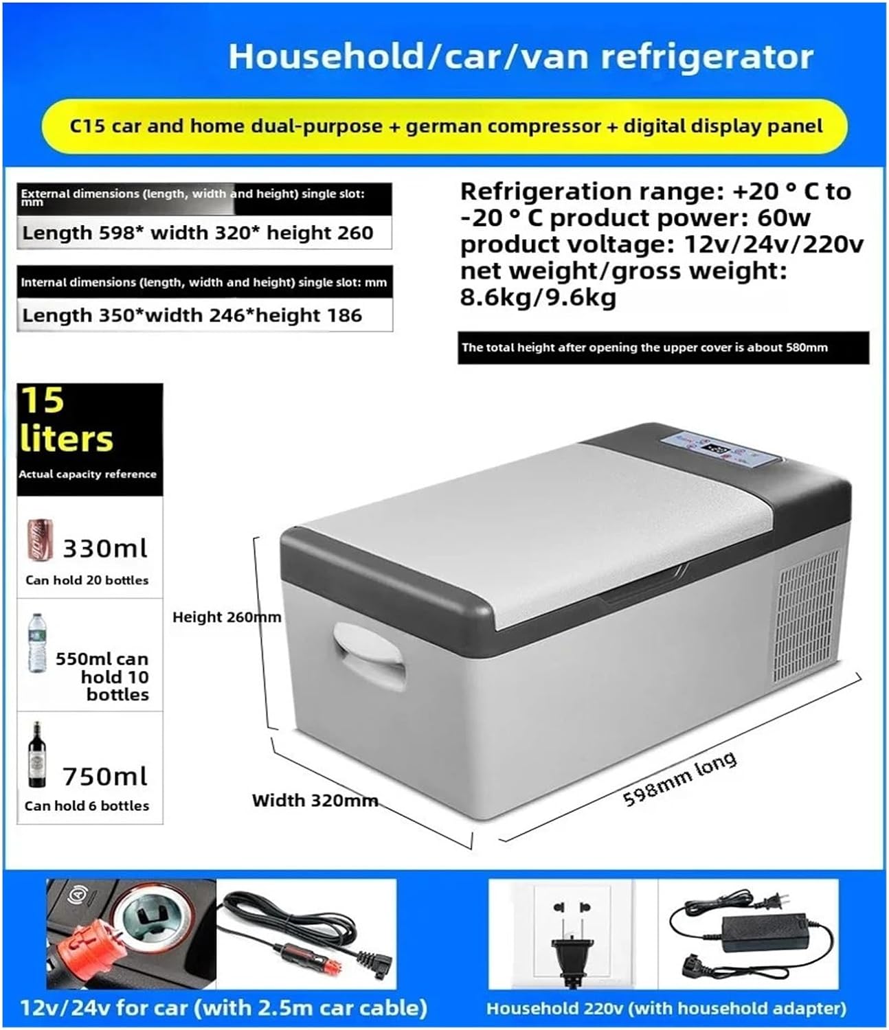 12V/24V/220V 15L Mini Fridge Compressor Refrigeration Car Refrigerator Portable Freezer Cooler For Outdoor Camping Fridge