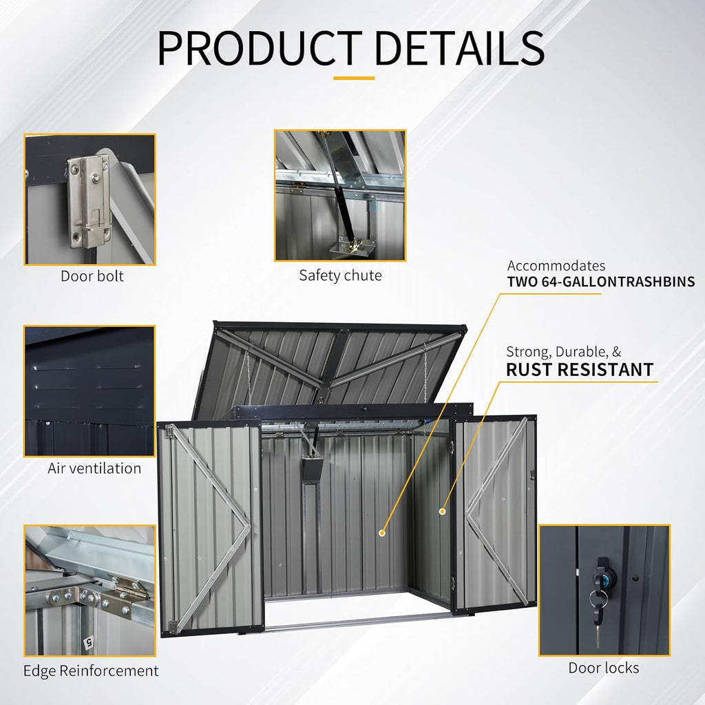 Metal Outdoor Storage Shed, Black, Galvanized Steel, 64.75x41.5x54.25 Inch, Rust Resistant, Lockable Doors, Fits 2 Trash Bins, for Garden Yard Storage