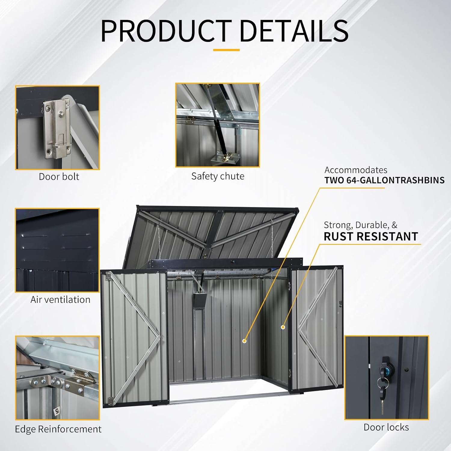 Metal Outdoor Garbage Bin Shed Storage Enclosure for Two 64-Gallon Carts, Lockable Door, Sloped Roof, Waterproof UV-Protected Galvanized Steel Walls, Utility Tool Bike Firewood Pet House Use (Black)