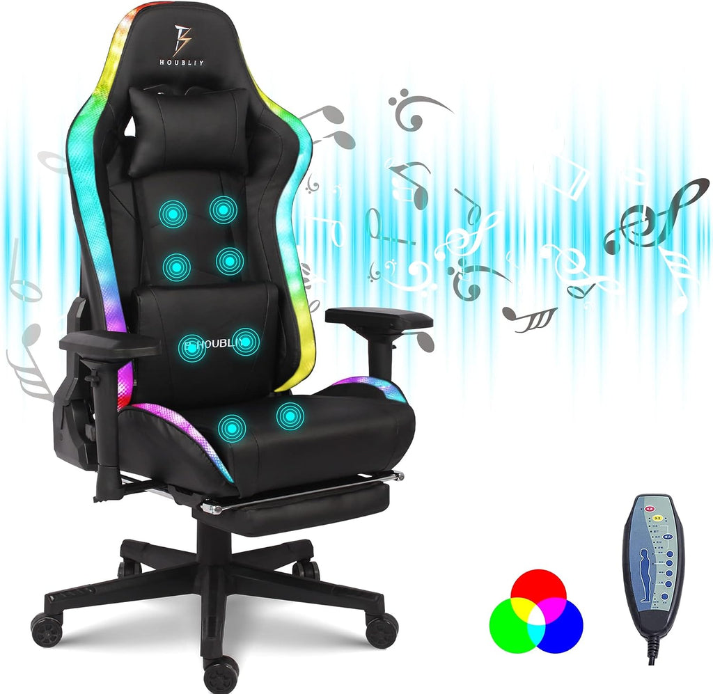 Big and Tall Gaming Chair with Speakers and LED Lights High Back Massage Office Chair with Adjustable 4D Armrests Ergonomic Gamer Chair Racing Computer Chair with Footrest and Lumbar Support,Black