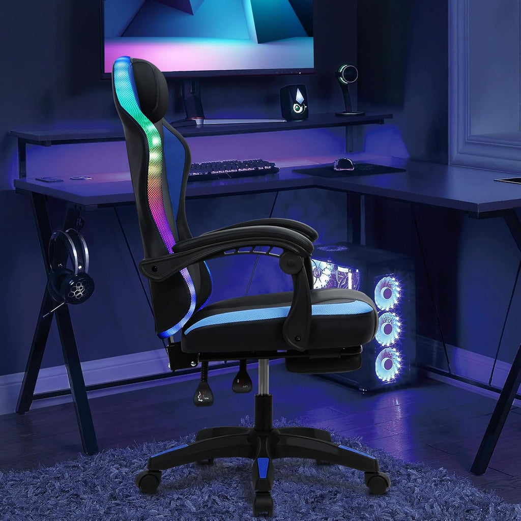 Gaming Chair with LED Lights, Gamer Chair with Height Adjustable, Ergonomic Massage Computer Gaming Chair with Footrest, Video Game Chair with Lumbar Support for Adults