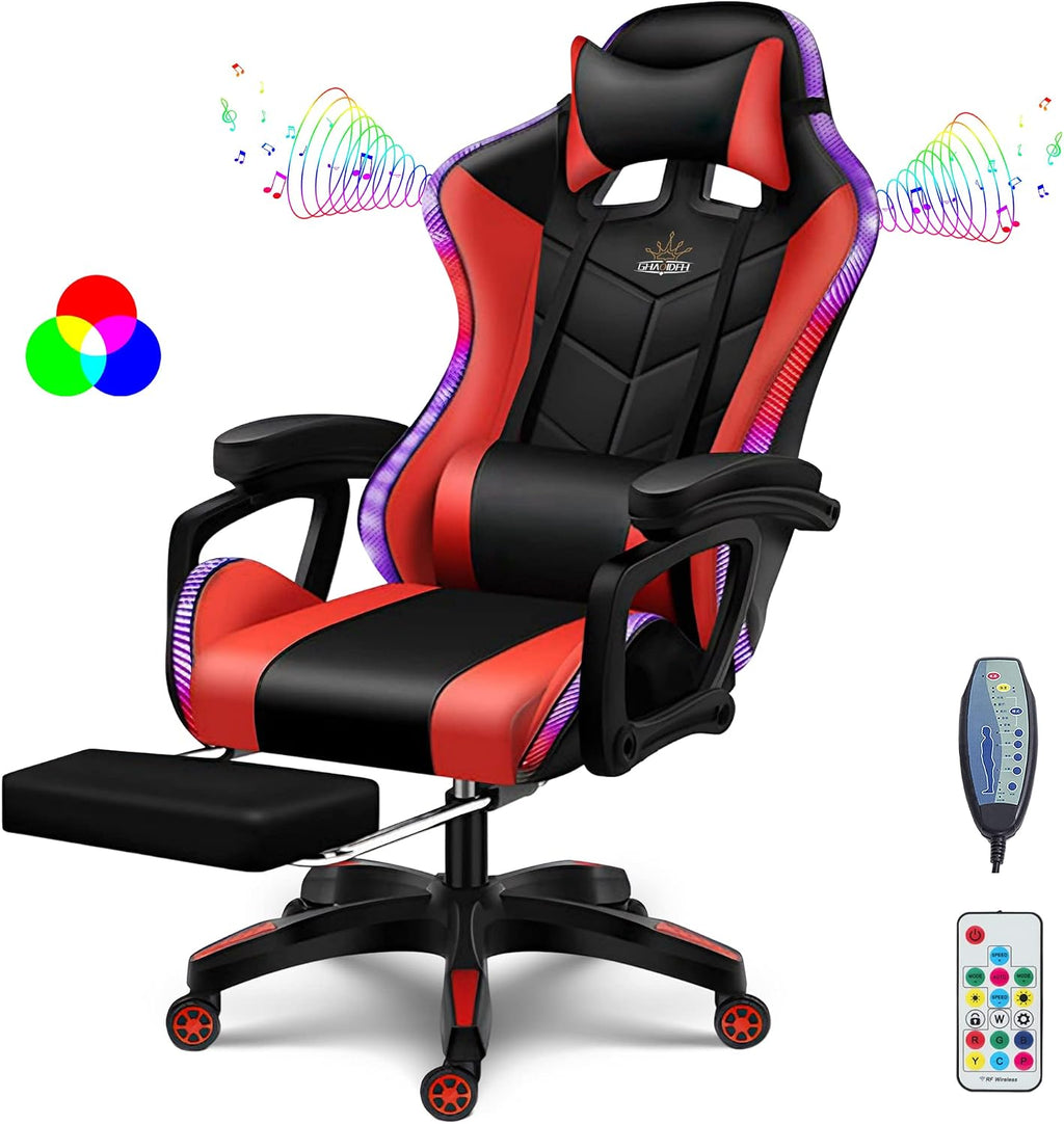 RGB Gaming Chair with Speakers Ergonomic Massage Computer Chair with Footrest Lumbar Support Headrest PU Leather 360°Swivel Recliner Chair High Back Video Game Chair for Adult Teens,Red