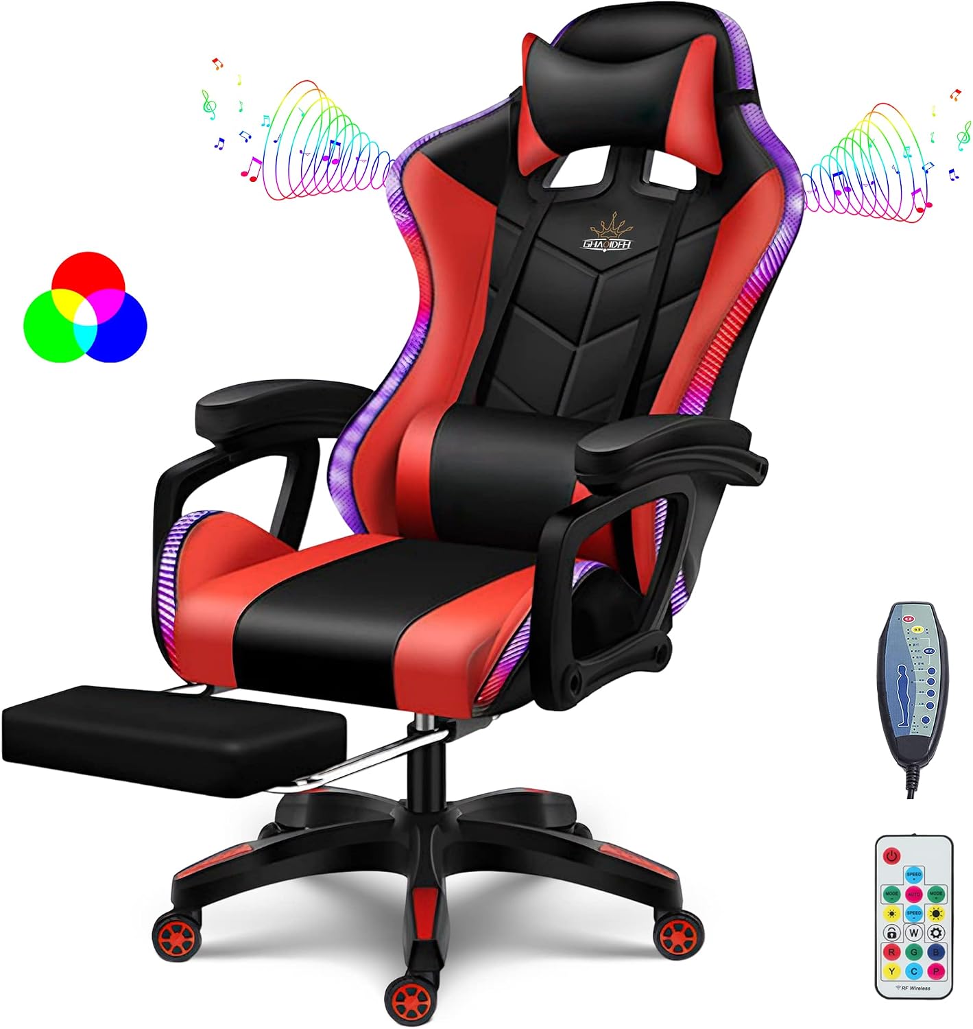 RGB Gaming Chair with Speakers Ergonomic Massage Computer Chair with Footrest Lumbar Support Headrest PU Leather 360°Swivel Recliner Chair High Back Video Game Chair for Adult Teens,Red