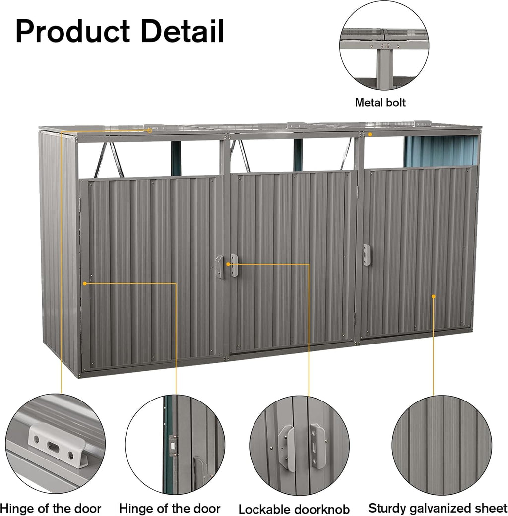 【LuckyNote】 Garbage Bin Shed Stores 3 Trash Cans Metal Outdoor Bin Shed for Garbage Storage,Stainless Galvanized Steel, Bin for Garden Yard Lawn,Grey
