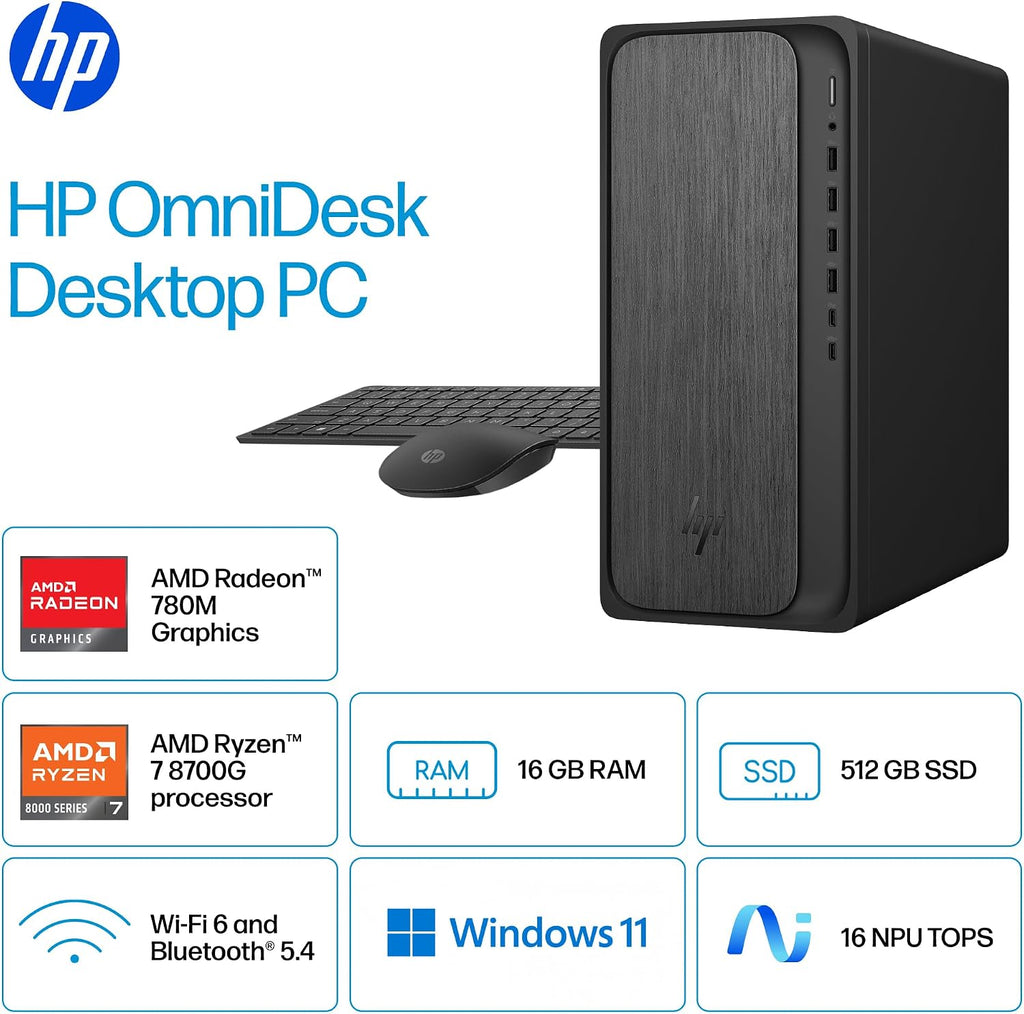 HP OmniDesk Desktop PC, AMD Ryzen 7 8700G, 16 GB RAM, 512 GB SSD, AMD Radeon 780M Graphics, Windows 11 Home, Microsoft Copilot, Gray Wood, M02-0340 (2025)