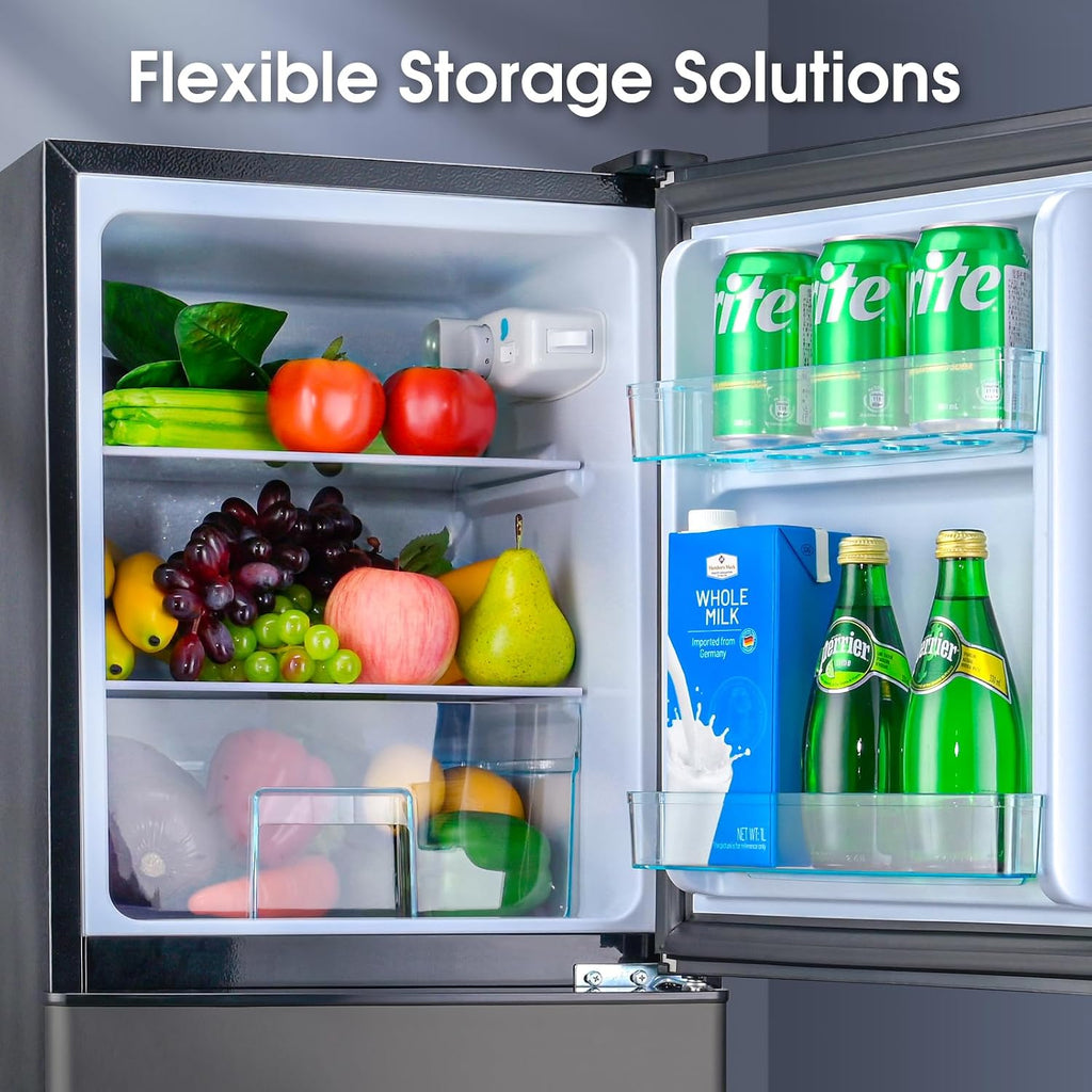 Anypro Double Door Fridge with Bottom Freezer, 4.0 Cu.Ft Refrigerator with Drawer, 7 Adjustable Temperature Settings for Bedroom, Dorm, Office, Apartment, Large Capacity, Black