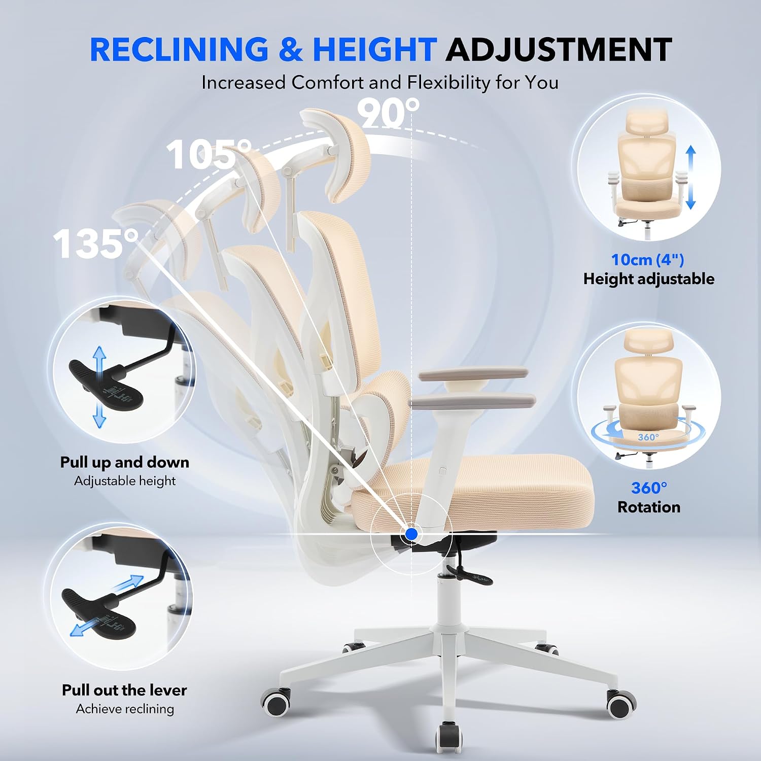 Office Chair Ergonomic Desk Chair - Home Mesh Office Desk Chair with Adjustable Lumbar Support, High-Back Computer Gaming Chair with Headrest 3D Armrests, Rolling Swivel Task Chairs for Home, Office