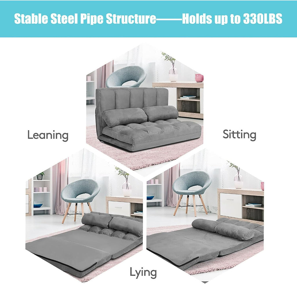 DORTALA Foldable Floor Sofa, 6-Position Adjustable Lounge Couch with 2 Pillows & Suede Cloth Cover, Modern Lounge Mattress Video Gaming Lazy Couch, Floor Seating Sofa, 71' x 44.5', Grey