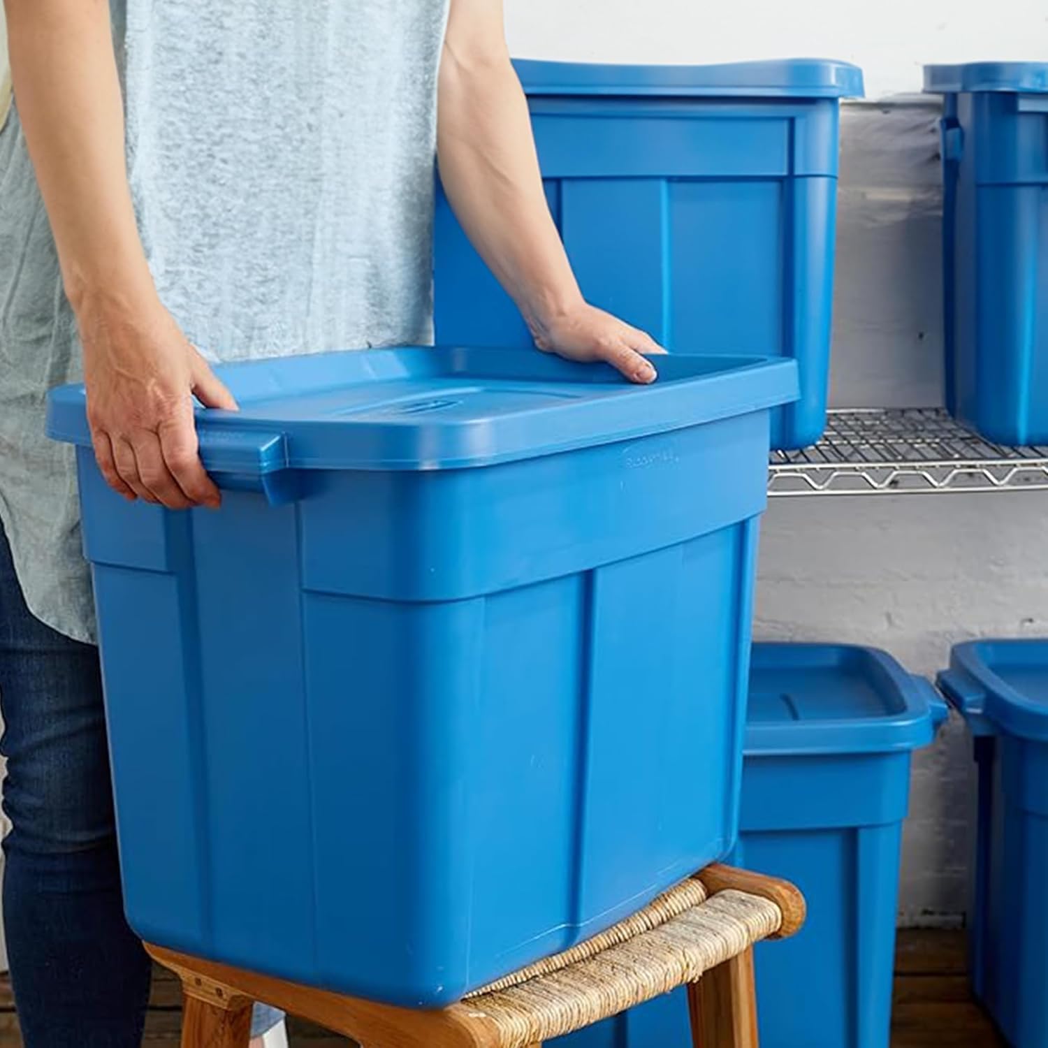 Rubbermaid Roughneck Tote 18 Gal, 10 Pack, Made in USA, Heritage Blue, Rugged Plastic Stackable Storage Bins with Lids and Handles