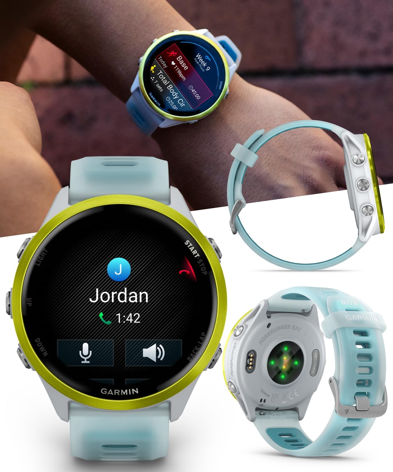 Garmin Forerunner 570 47mm Advanced GPS Running & Triathlon Smartwatch AMOLED Display Training & Recovery Amp Yellow Aluminum w/Translucent Whitestone/Turquoise Band w/ Wearable4U White EarBuds Bundle