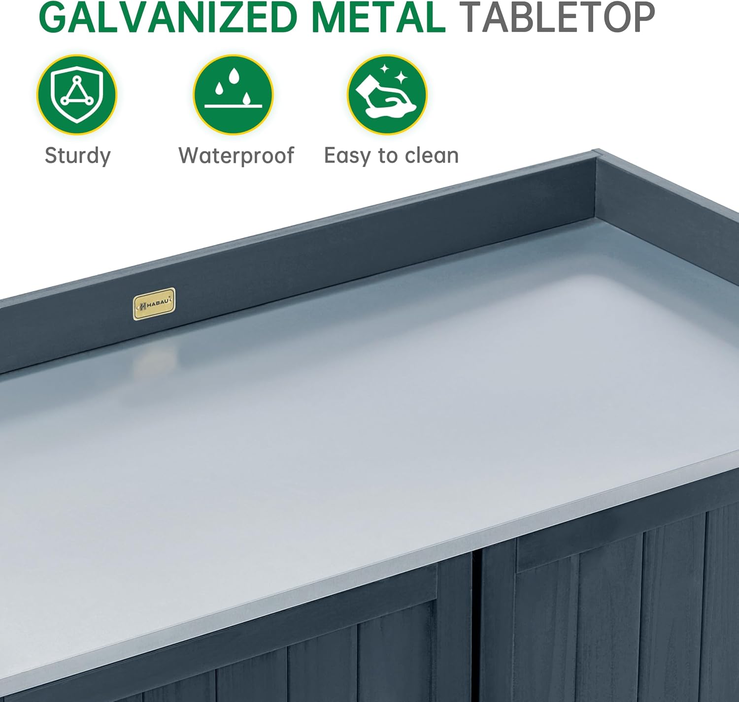 HABAU Outdoor Storage Cabinet with Potting Bench & Metal Tabletop, Wooden Planting Workstation for Garden Patio, Weatherproof