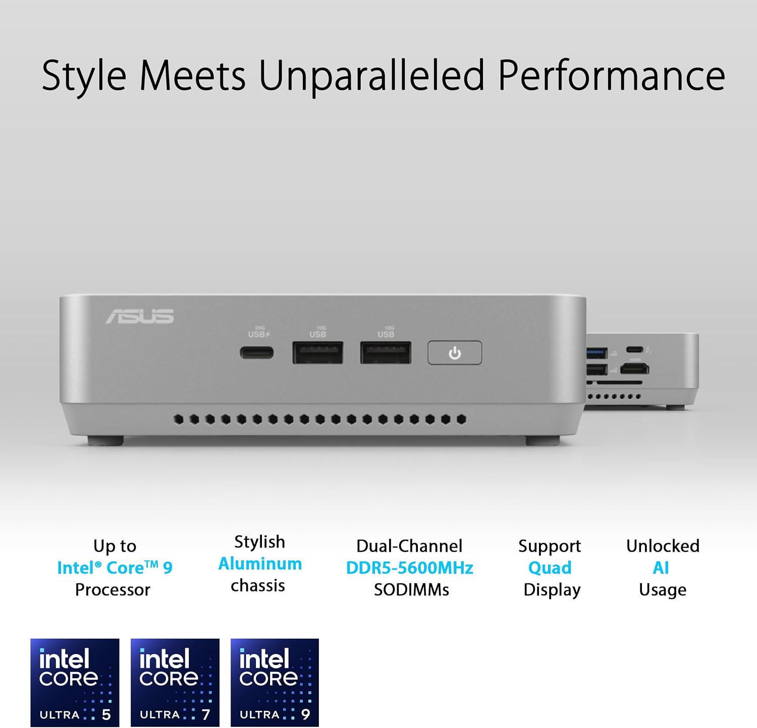 ASUS NUC 14 Pro+ Barebone with Intel 14thGen Core Ultra 9 185H (NPU Support), up to 96GB DDR5 RAM, Dual Storage, Thunderbolt 4, Wi-Fi 6E & Bluetooth 5.3, Silver Aluminum Chassis, with VESA Mount