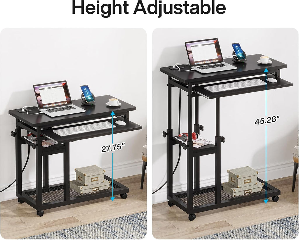 Tribesigns Small Portable Desk with Power Outlet, Height Adjustable Sofa Couch Bedside Laptop Table with Wheels, Mobile Standing Desk Rolling Computer Cart C Side Table with USB Ports