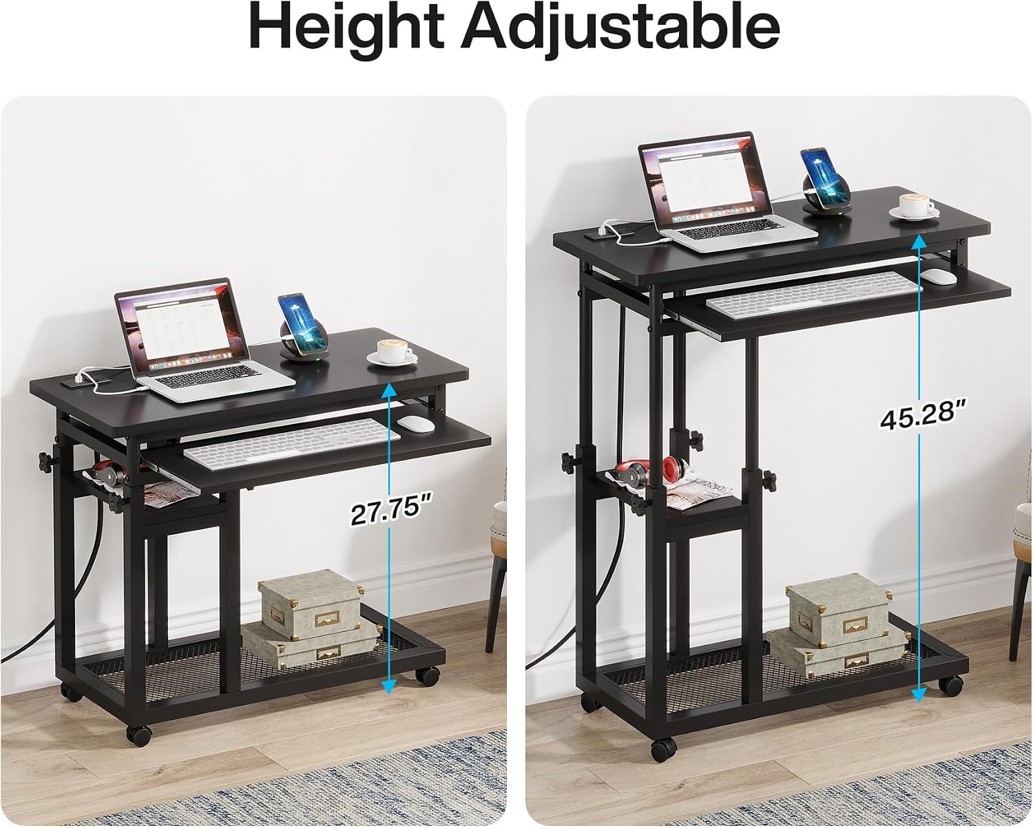 Tribesigns Small Portable Desk with Power Outlet, Height Adjustable Sofa Couch Bedside Laptop Table with Wheels, Mobile Standing Desk Rolling Computer Cart C Side Table with USB Ports