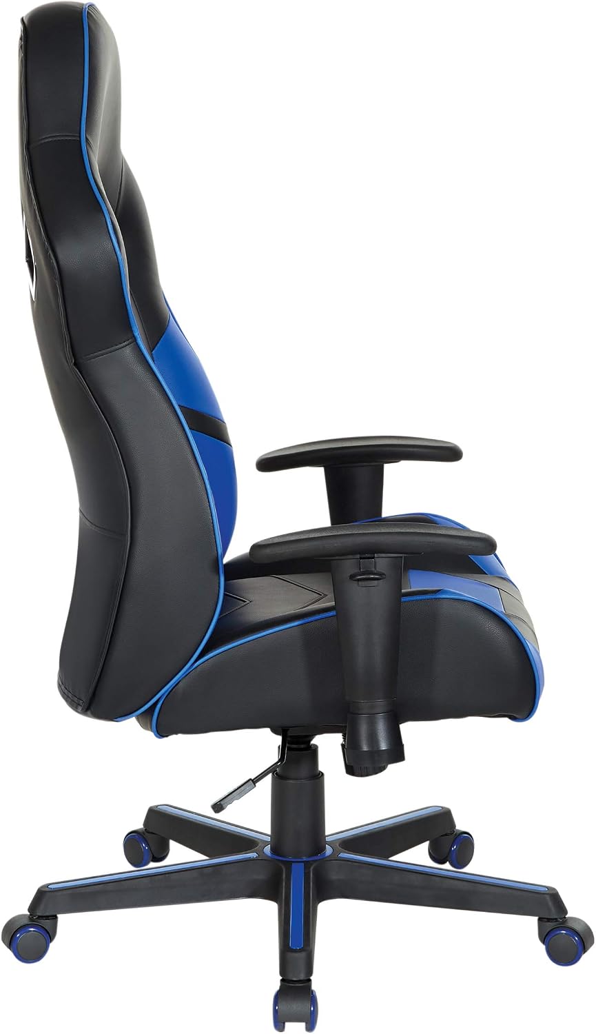 OSP Home Furnishings Vapor Ergonomic Adjustable High Back Faux Leather Gaming Chair with Coil Spring Seat and Integrated Cooling Airflow, Blue Accents