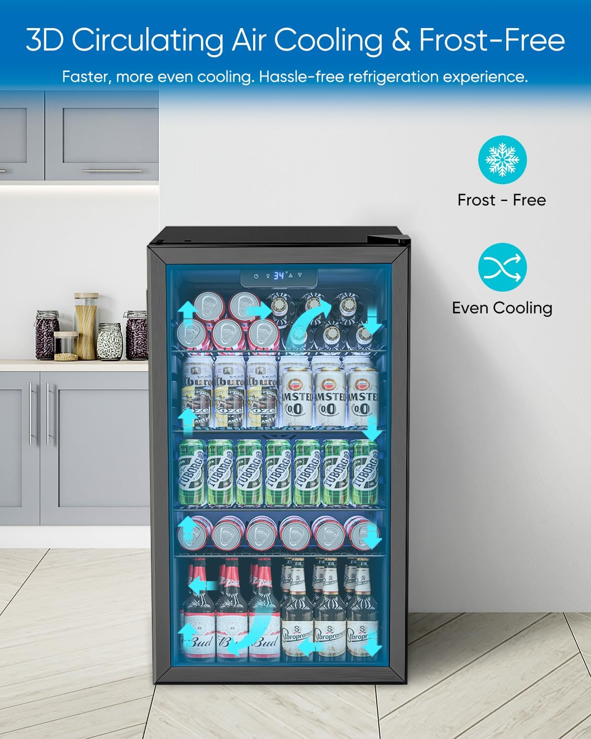 Feelfunn 3.2 Cu.Ft Mini Fridge with Glass Door - 126 Can Beverage Refrigerator Cooler for Drink Beer Wine Soda, Small Fridge for Bedroom Office Bar Dorm, 4 Adjustable Shelves, Black