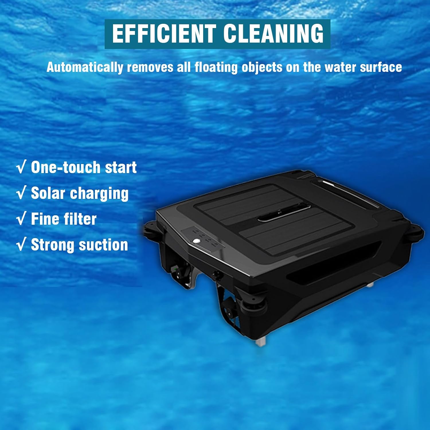 Solar Powered Robotic Pool Skimmer Cleaner, 5 Hours Runtime, Auto Obstacle Avoidance, Dual Charging (Solar/Adapter), IPX7 for Pools Up to 860 SQ/FT