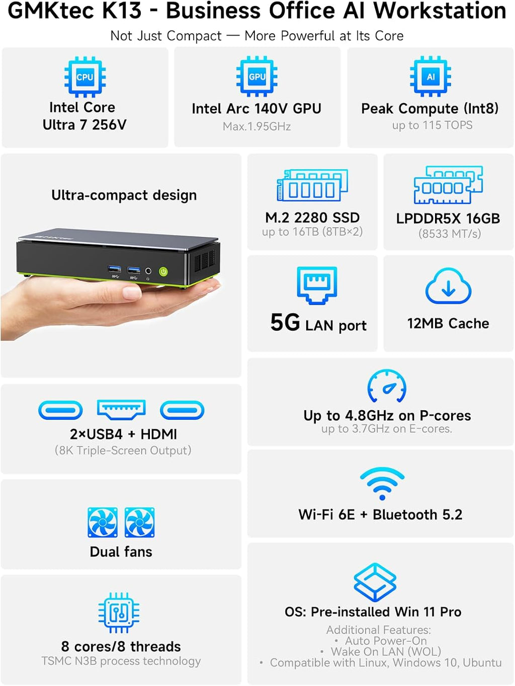 GMKtec K13 Mini PC AI Intel Ultra 7 256V (up to 4.8GHz) 16GB DDR5 1TB PCIe 4.0 SSD Gaming Mini Computer, 2X M.2 Expansion Slots, HDMI, USB4 Screen 8K Display