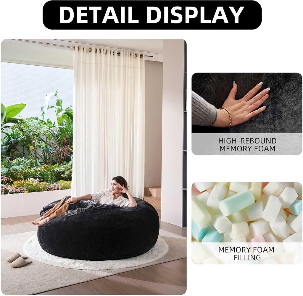 SANAE Oversized 5FT Memory Foam Bean Bag Chair for Adults - Black Corduroy Fabric with Filling, Comfy Gaming & Movie Beanbag Sofa Floor Couch, Large Lounger for Living Room/Dorm/Classroom/Bedroom