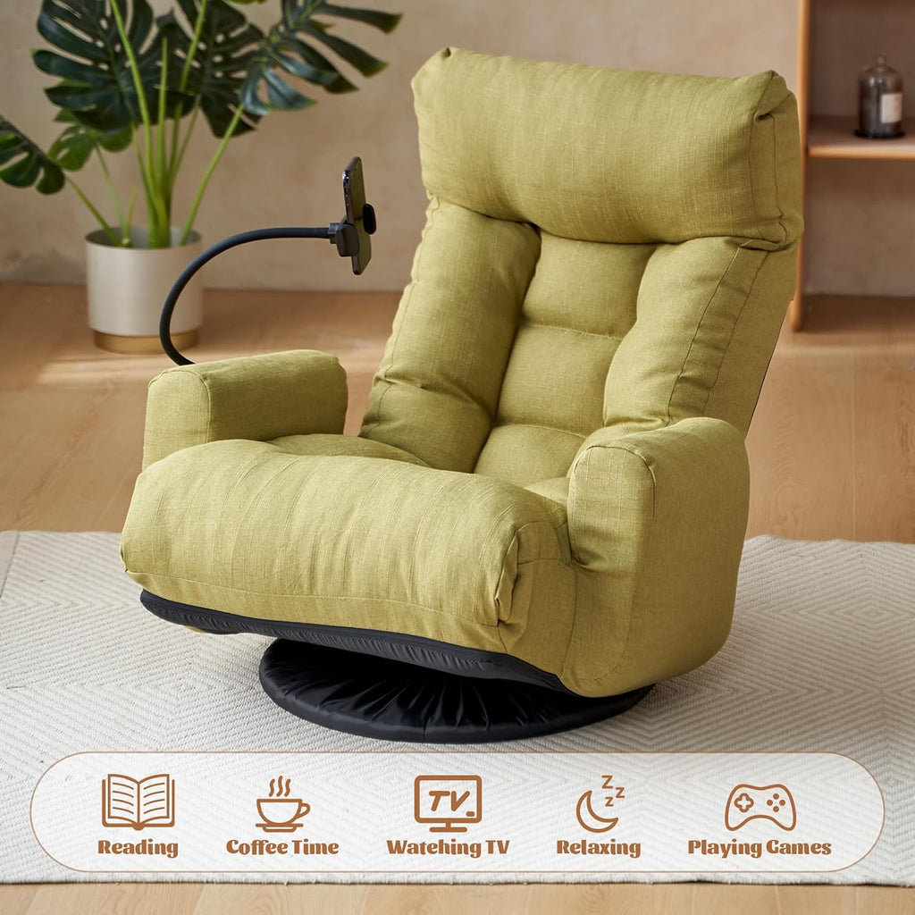 360° Swivel Floor Green Gaming Chair Linen Folding Lounge Sofa Chair with Adjustable Head and Waist, Armrests & Phone Holder, Padded Cushion Leisure Chairs for Living Room Bedroom