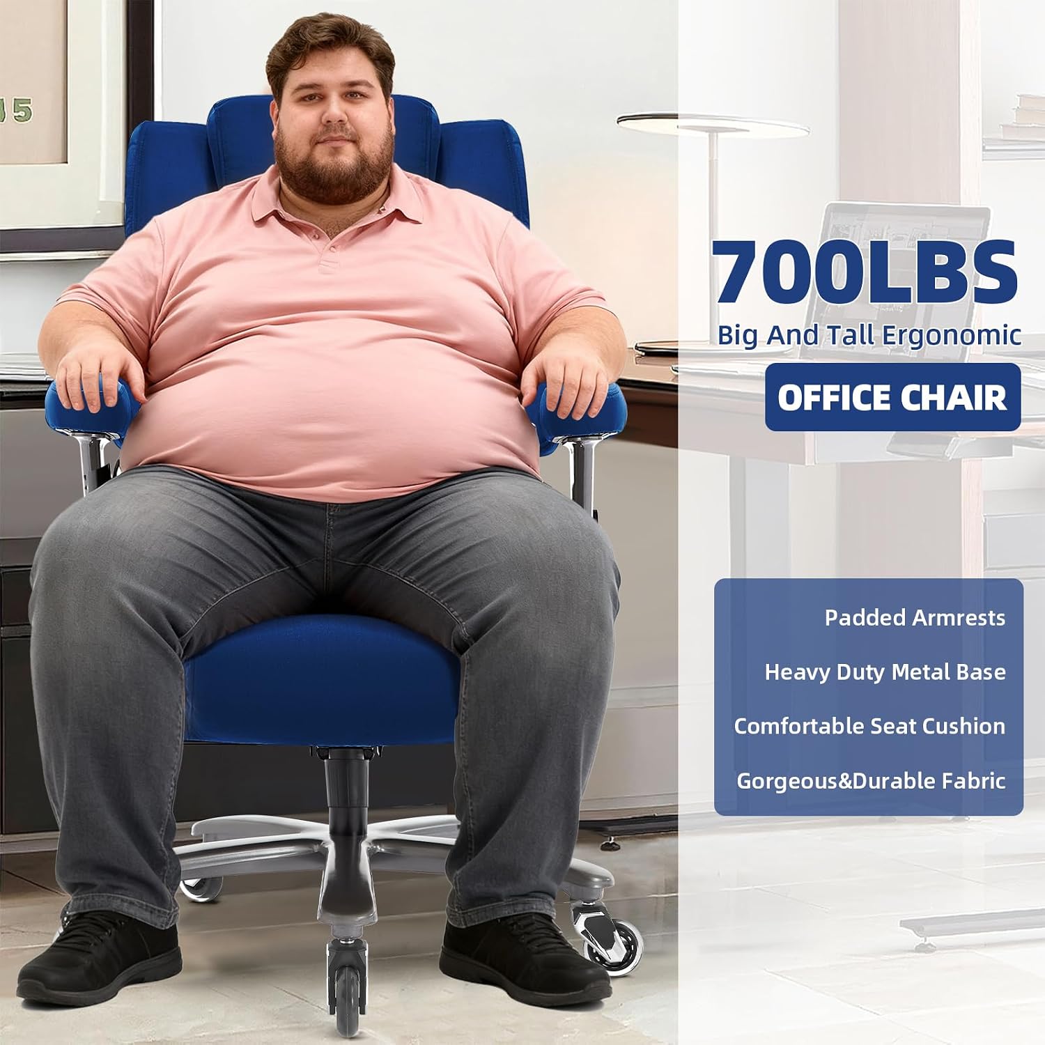 VUZI 700LBS Large Heavy Duty Office Chair with 3D Flip Arms, Big and Tall Plus Size Fabric Executive Desk Chairs, High Back Extra Wide Computer Chair with Adjustable Lumbar Support, Sturdy Metal Base