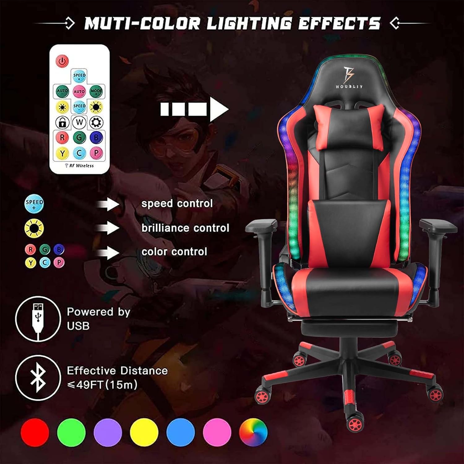 RGB LED Gaming Chair with Seven-Point Massage Function,Computer Chair with Speakers,Ergonomic Chair with Footrest and Lumbar Support,90°-180° Tilt Office Chair,Black