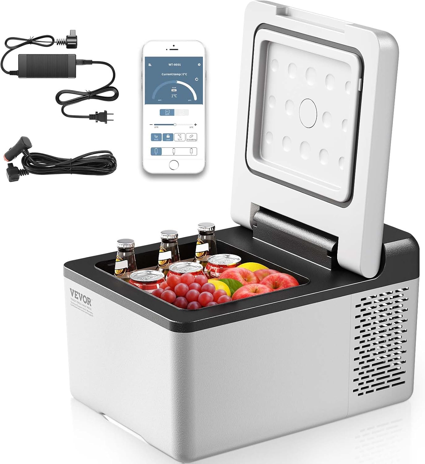 VEVOR 12V Car Refrigerator 10 QT, Portable Mini Freezer with APP Control, -4℉ to 68℉, 12/24V DC & 110-220V AC Compressor Cooler for Travel, Camping, Home, Road Trip