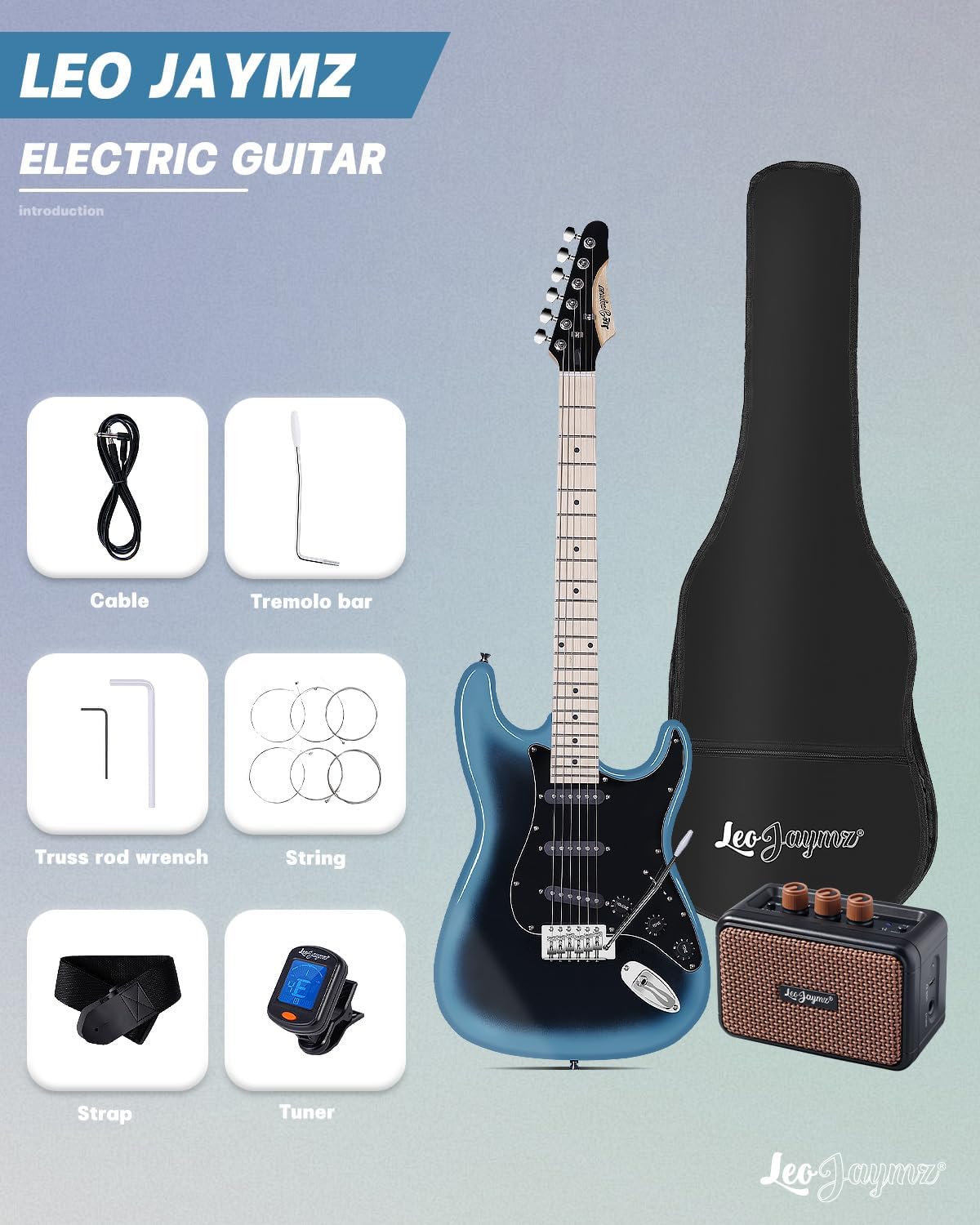 Leo Jaymz 39' Full Size ST Style Electric Guitar Starter Kit with SSS Pickups, 5W Portable Amp, Tuner, Gig Bag, Strap & Accessories(Blue Black 5W)