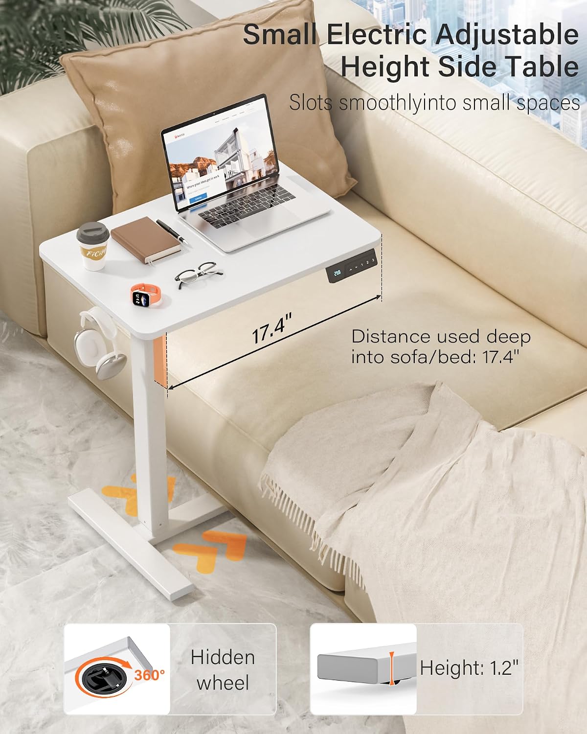 FiCiHi Small Electric Standing Desk - Adjustable Height Bedside Laptop Table with Wheels, Mobile, Portable Rolling Computer Workstation Sit Stand Table for Home Office, Sofa, Couch Use (24x16, White)