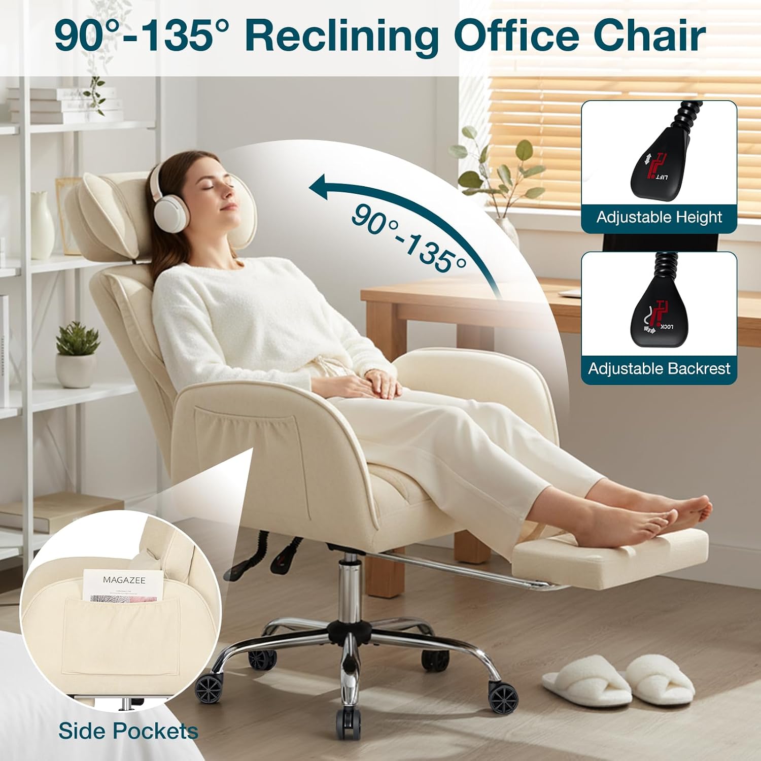 HOFFREE Criss Cross Chair with Wheels Ergonomic Office Chair with Reversible Armrest Wide Seat Comfy Desk Chair with Foot Rest for Gaming,Reading,Working(Beige)
