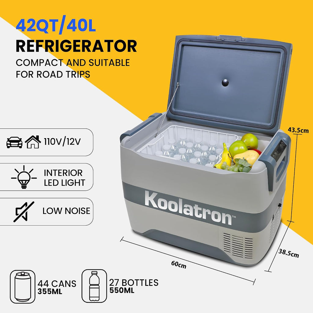 Koolatron 12V Portable Refrigerator Freezer w/Bluetooth, 42 qt (40L) Electric Cooler, 12 Volt DC/110V AC Cords, Compressor Cooling w/Range -8°F to 50°F (-22°C to 10°C), Travel Car Fridge, Gray