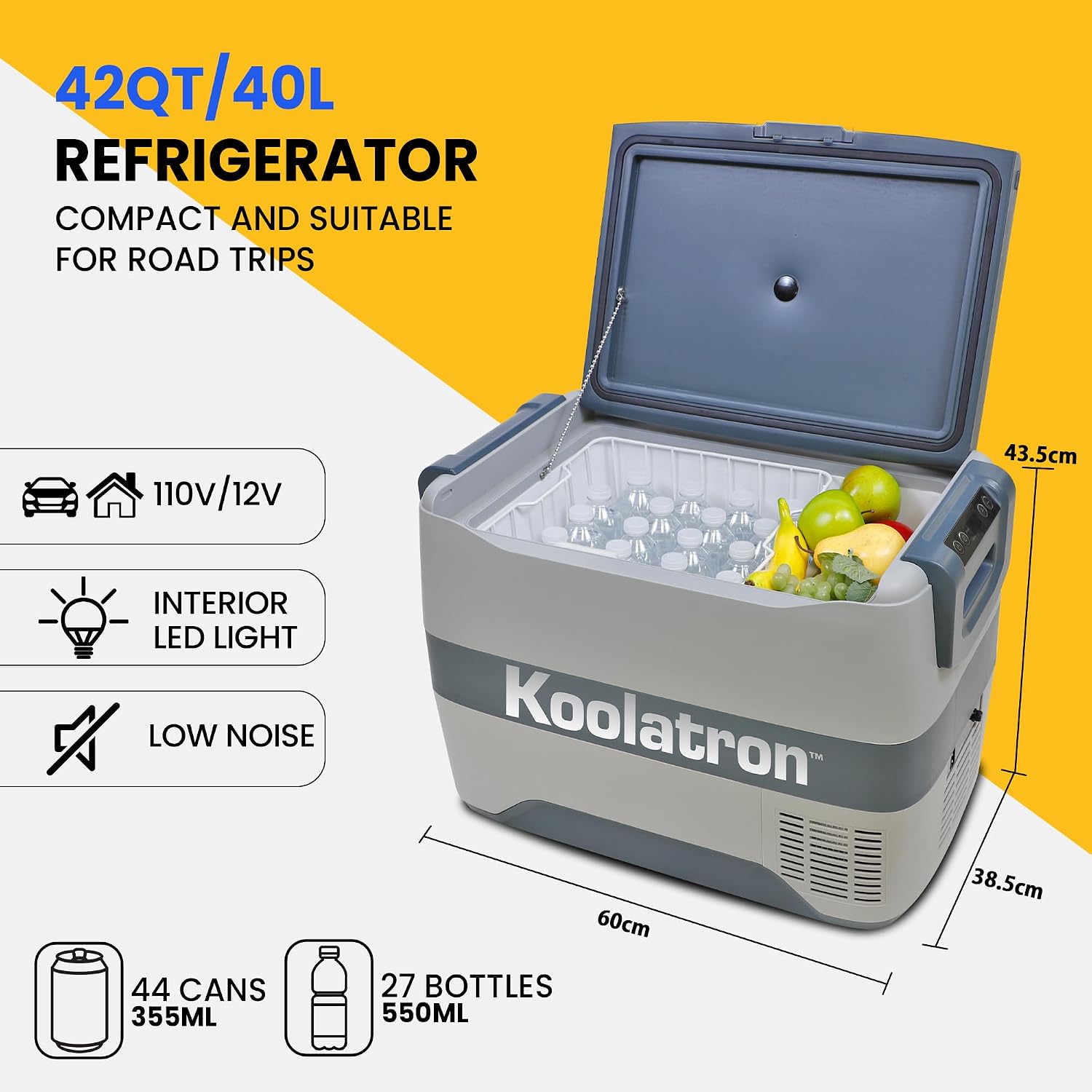 Koolatron 12V Portable Refrigerator Freezer w/Bluetooth, 42 qt (40L) Electric Cooler, 12 Volt DC/110V AC Cords, Compressor Cooling w/Range -8°F to 50°F (-22°C to 10°C), Travel Car Fridge, Gray