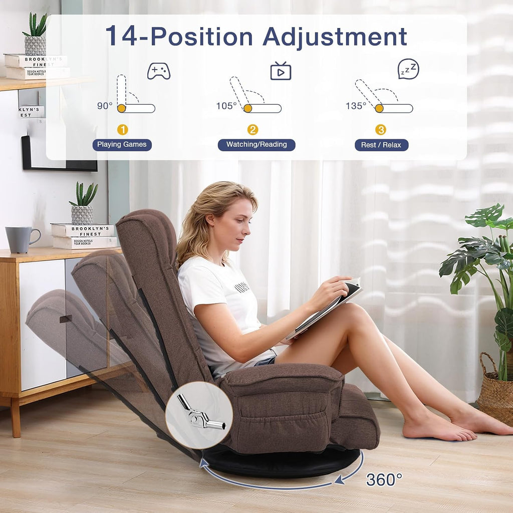 Linen Fabric Ergonomic Gaming Chair, 6-Position Reclining Sofa Bed with Lumbar Support, Foldable Floor Lounger with Thick Cushion, Armrests & Side Pockets for Esports, Reading, Napping (Brown)