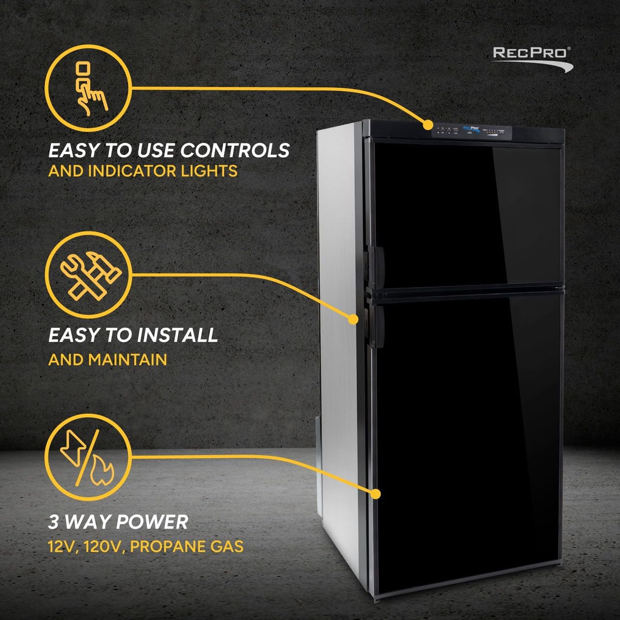 RecPro RV Refrigerator 6.3 Cubic Feet Gas and Electric | Black or Stainless Finish | 110V / 12V / Propane Gas | (Black Finish)