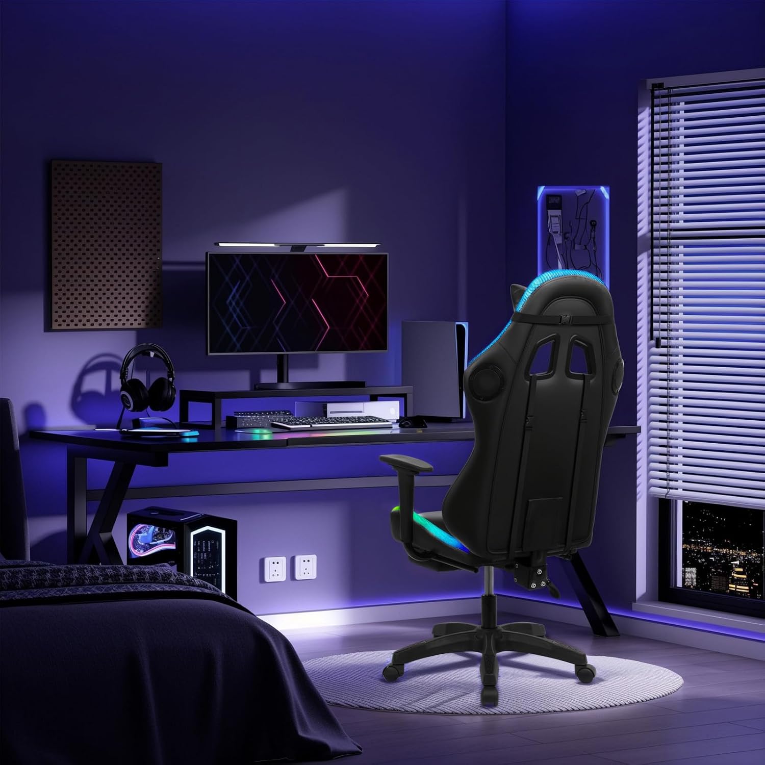 Gaming Chair with Bluetooth Speakers and LED Lights, Gamer Chair with Height Adjustable, Ergonomic Massage Computer Gaming Chair with Footrest, Video Game Chair with Lumbar Support for Adults