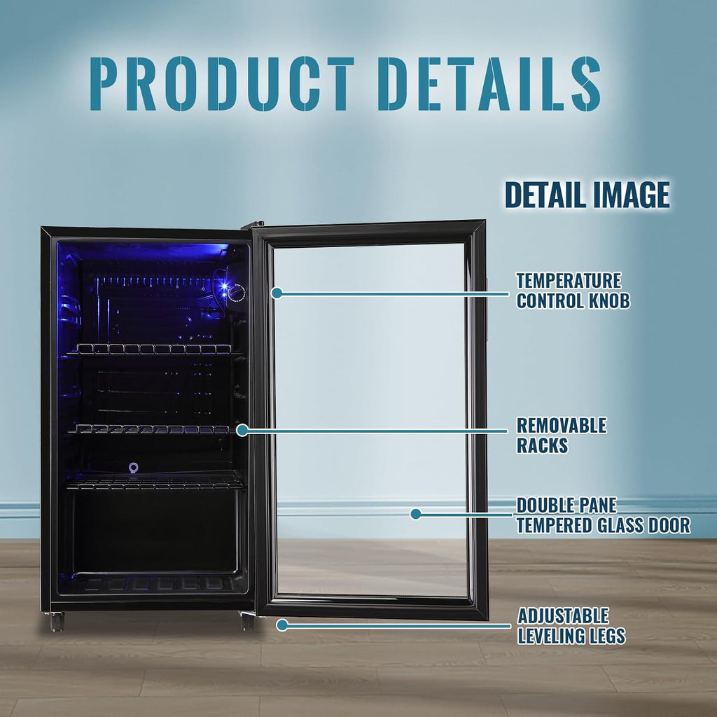 WANAI Mini Fridge Glass Door 120 Cans Beverage Refrigerator Small Wine Cooler Clear Front Drinks Fridge for Soda Beer Bar Home Office with 7 Thermostat LED Light
