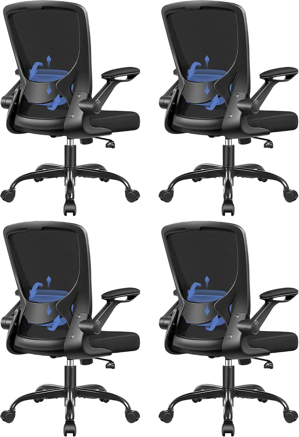 BESTFAIR Ergonomic Office Chair, Mesh Computer Desk Chairs with Lumbar Support, Swivel Desk Chair with Flip-up Arms and Adjustable Height, Black, 4-Pack