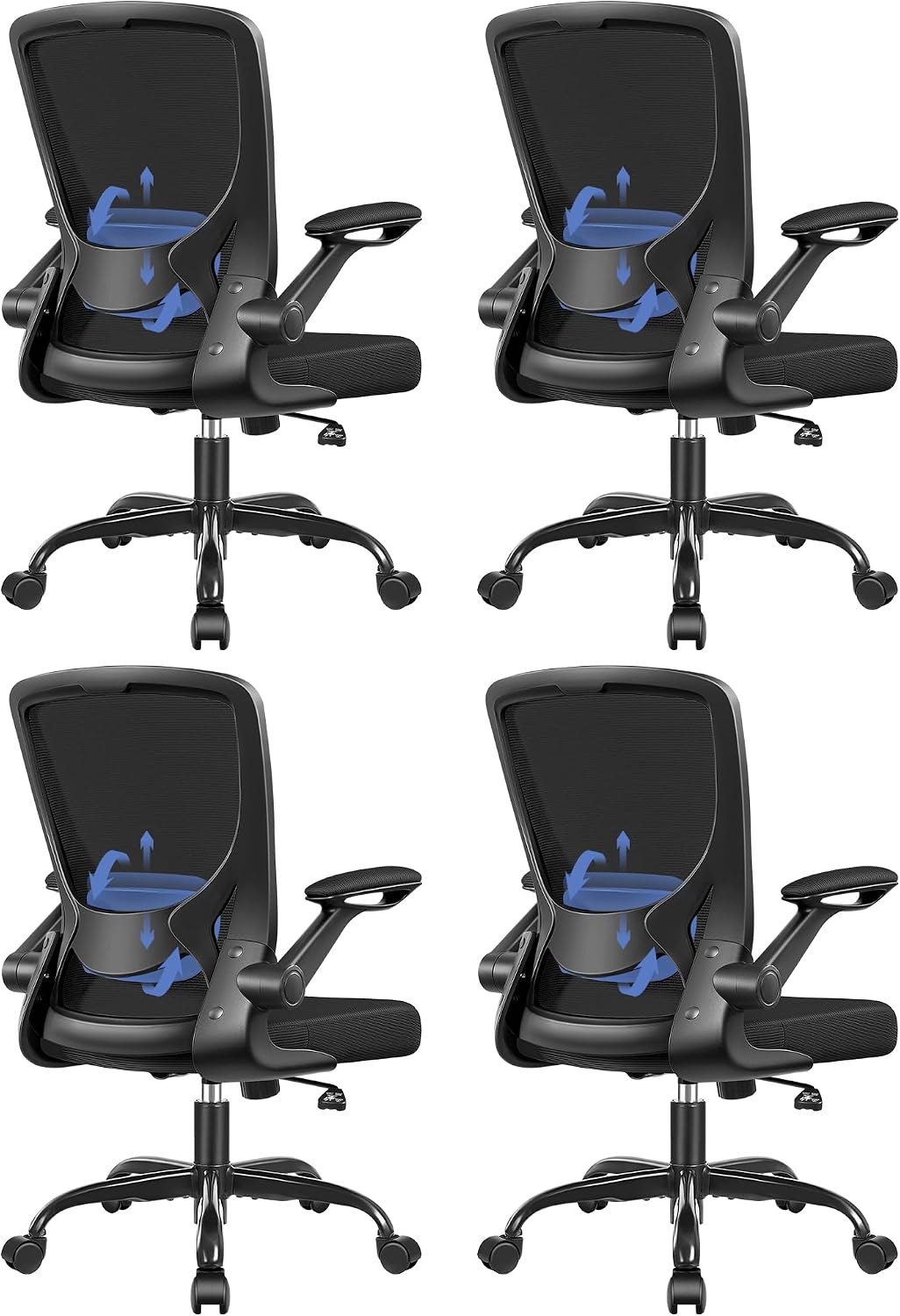 BESTFAIR Ergonomic Office Chair, Mesh Computer Desk Chairs with Lumbar Support, Swivel Desk Chair with Flip-up Arms and Adjustable Height, Black, 4-Pack