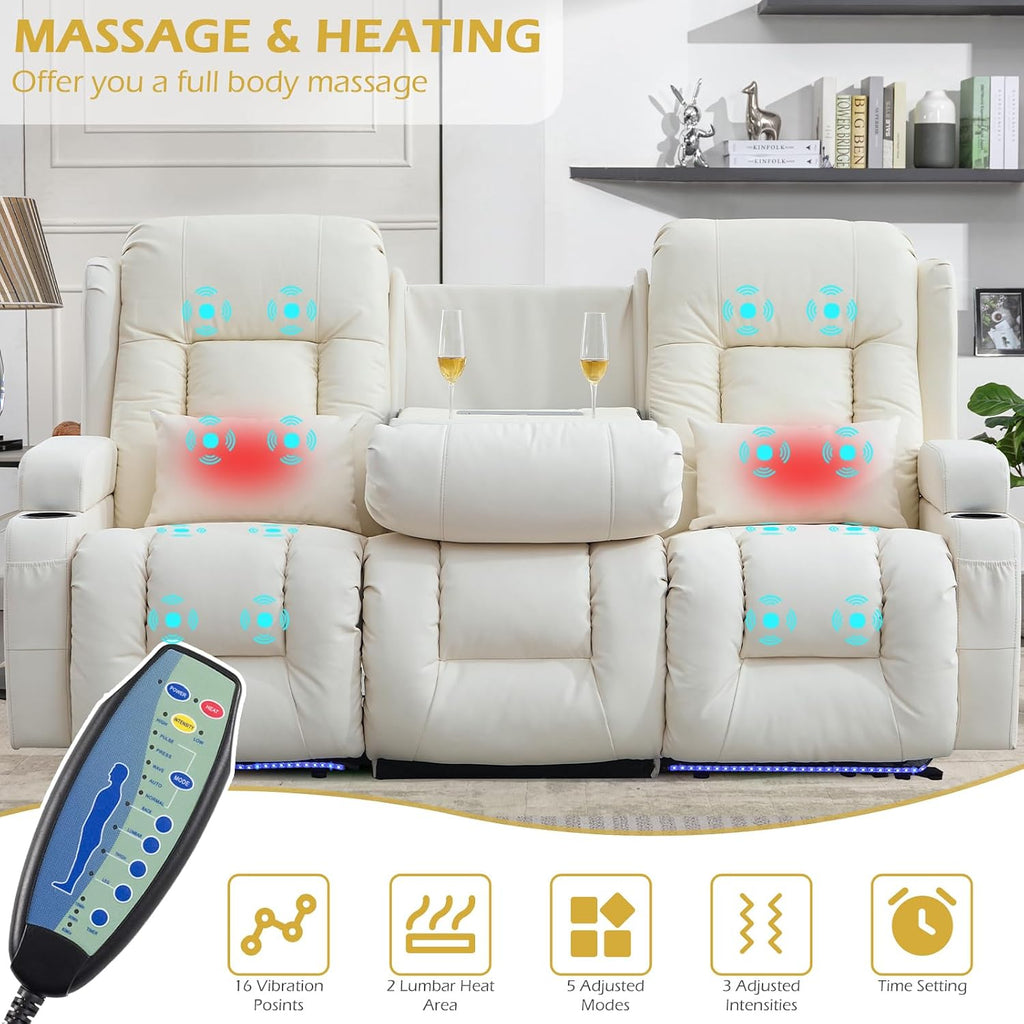 Loveseat Recliner Sofa, Leather Sofa with Massage & Heating, Home Theater Seating Power Reclining Loveseat with Outlet/LED Light/Cup Holders/Lumbar Pillows (Beige, 3 Seat)