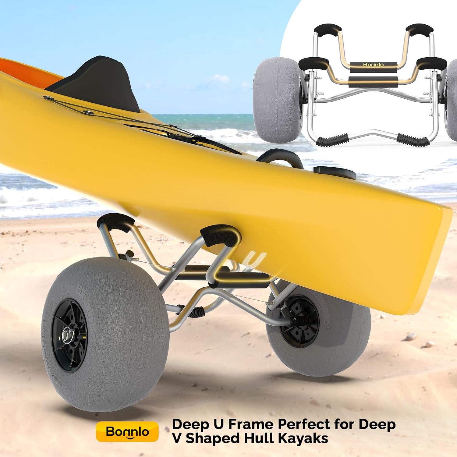 Bonnlo Kayak Cart Trolley Canoe Paddle Board Boat Cart Carrier Dolly with 12' Big Beach Wheels Balloon Kayak Transport Wheels Cart Foldable, Free Pump, 2 Ratchet Straps- Perfect for Soft Sand